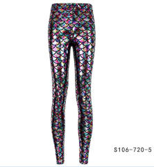 Mermaid Scale Pants Women Shiny Cropped Leggings Faux Leather Trousers PQY300