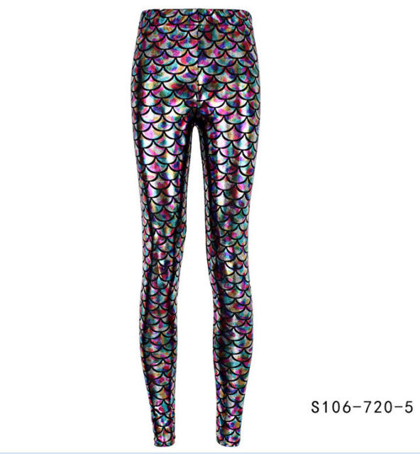 Mermaid Scale Pants Women Shiny Cropped Leggings Faux Leather Trousers PQY300