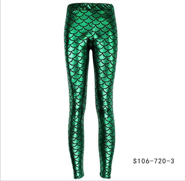 Mermaid Scale Pants Women Shiny Cropped Leggings Faux Leather Trousers PQY300