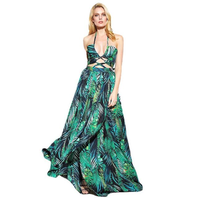 Fashion Lace-up Maxi Dresses Plus Size Printed Casual Dress PQ6353