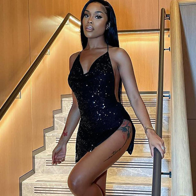 Black Halter Night Club Dress Women Sexy Sequin Mini Dresses PQ10812A