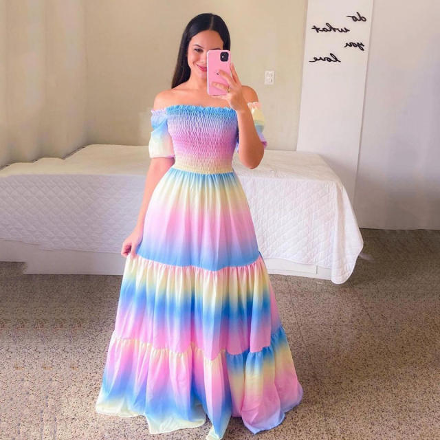 Plus Size Printed Boho Dress Fashion Off Shoulder Maxi Dresses PQ9070