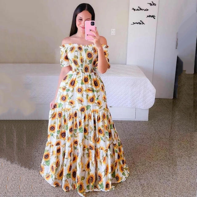 Plus Size Printed Boho Dress Fashion Off Shoulder Maxi Dresses PQ9070