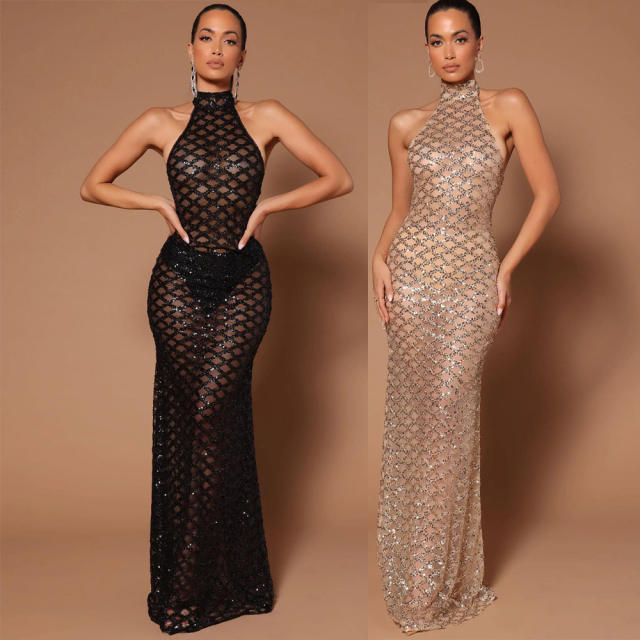 Black Floor Length Host Mermaid Evening Gown Halter Banquet Dress PQ8881A