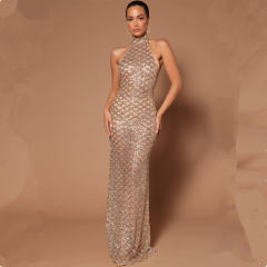 Apricot Floor Length Host Mermaid Evening Gown Halter Banquet Dress PQ8881B