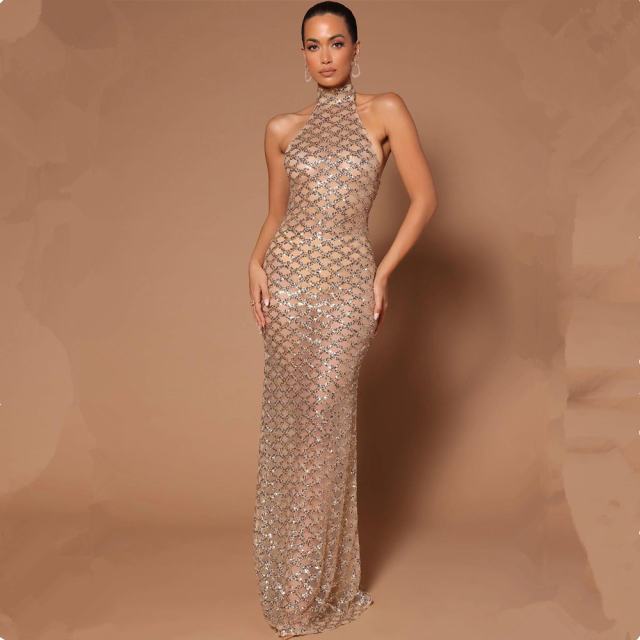 Apricot Floor Length Host Mermaid Evening Gown Halter Banquet Dress PQ8881B