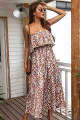 Fashion Off Shoulder Maxi Dresses Floral Printed Strapless Casual Dress PQ8203