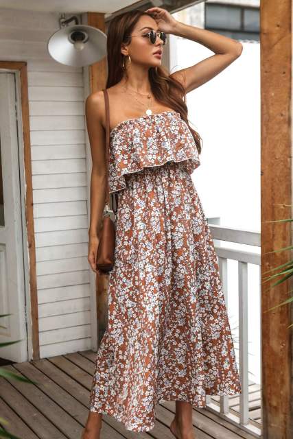 Fashion Off Shoulder Maxi Dresses Floral Printed Strapless Casual Dress PQ8203