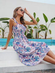 Fashion Spaghetti Strap Midi Dresses Floral Printed Casual Dress PQ8334