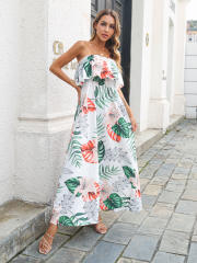 Fashion Off Shoulder Maxi Dresses Floral Printed Strapless Casual Dress PQ8203