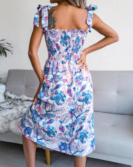 Summer Midi Dresses Women Floral Print Spaghetti Strap Casual Dress PQ8334