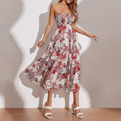 Fashion Off Shoulder Midi Dresses Floral Print Strapless Casual Dress PQ433