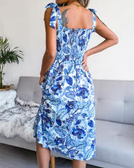Summer Midi Dresses Women Floral Print Spaghetti Strap Casual Dress PQ8334