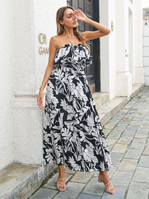 Fashion Off Shoulder Maxi Dresses Floral Printed Strapless Casual Dress PQ8203