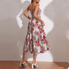 Fashion Off Shoulder Midi Dresses Floral Print Strapless Casual Dress PQ433