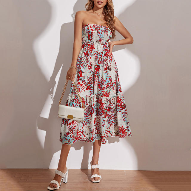 Fashion Off Shoulder Midi Dresses Floral Print Strapless Casual Dress PQ433