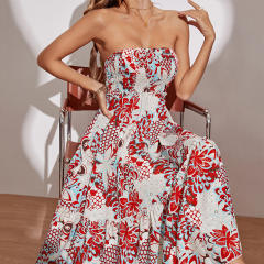 Fashion Off Shoulder Midi Dresses Floral Print Strapless Casual Dress PQ433