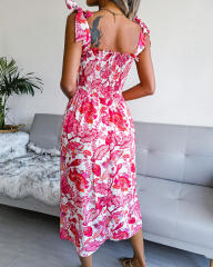 Summer Midi Dresses Women Floral Print Spaghetti Strap Casual Dress PQ8334