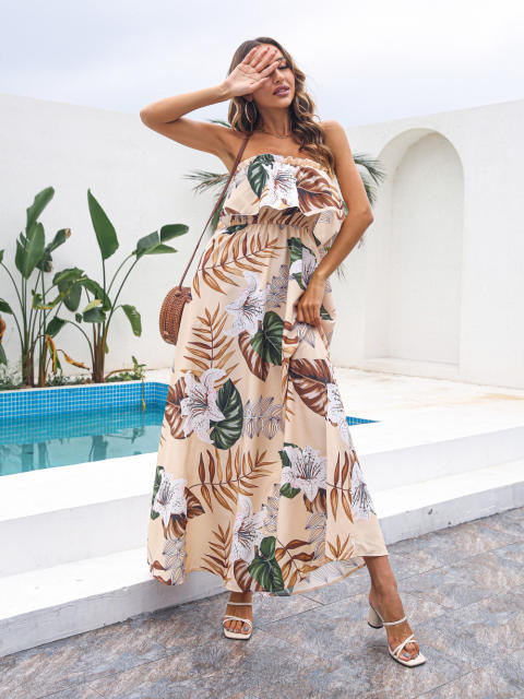 Fashion Off Shoulder Maxi Dresses Floral Printed Strapless Casual Dress PQ8203