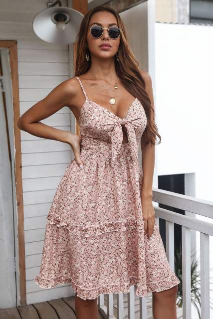 Floral Printed Casual Dress Fashion Spaghetti Strap Midi Dresses PQ8205