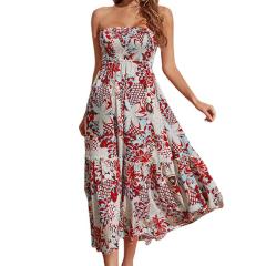Fashion Off Shoulder Midi Dresses Floral Print Strapless Casual Dress PQ433