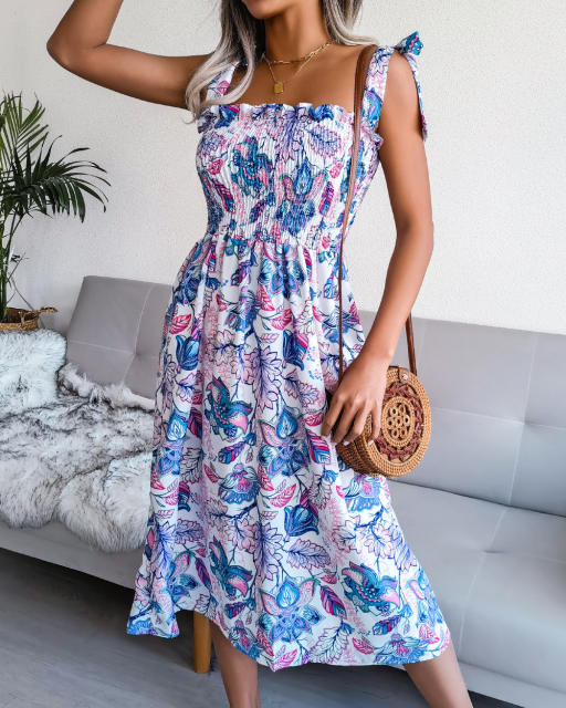Summer Midi Dresses Women Floral Print Spaghetti Strap Casual Dress PQ8334
