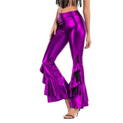 Wholesale Faux Leather Irregular Flared Trousers Nightclub Wide Leg Pants PQTK03