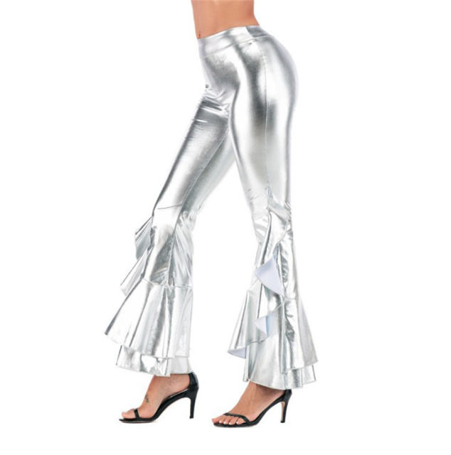 Wholesale Faux Leather Irregular Flared Trousers Nightclub Wide Leg Pants PQTK03