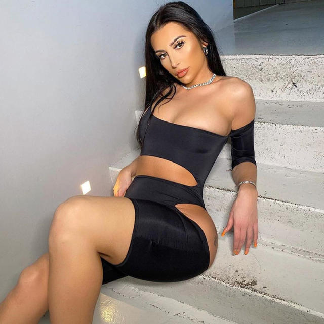 Black Hollow Out Bodysuit Women Skinny Summer Jumpsuit PQ6399