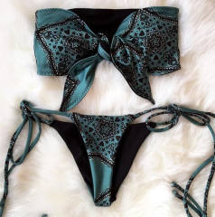 Vintage Print Bikini Set Women Ties Swimwear Bandeau Swimsuit PQ8704
