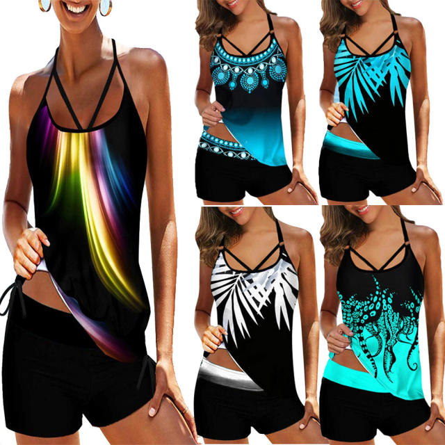 Women Halter Tankini Digital Print Swimsuit Sexy Swimwear PQ2202