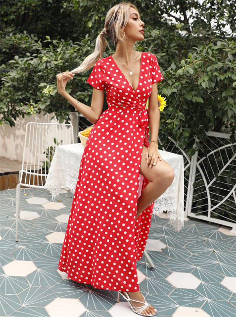 Fashion V-neck Maxi Dresses Women Polka Dot Casual Boho Dress PQ109365