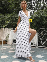 Fashion V-neck Maxi Dresses Women Polka Dot Casual Boho Dress PQ109365