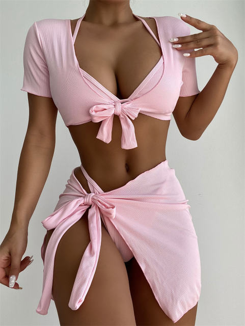 4pcs Sexy Bikini Solid Color Swimwear Women Swimming Equipment PQ6314