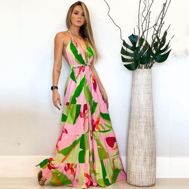 Casual Bohemia Dress Women Floral Print Maxi Dresses PQ9013