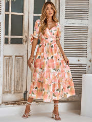 Short Sleeve Casual Dress Women Floral Print Maxi Dresses PQLQ231