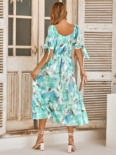 Short Sleeve Casual Dress Women Floral Print Maxi Dresses PQLQ231