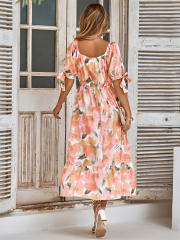 Short Sleeve Casual Dress Women Floral Print Maxi Dresses PQLQ231