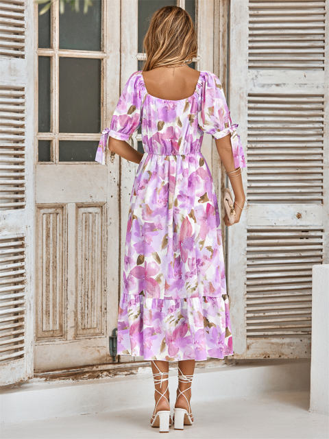Short Sleeve Casual Dress Women Floral Print Maxi Dresses PQLQ231