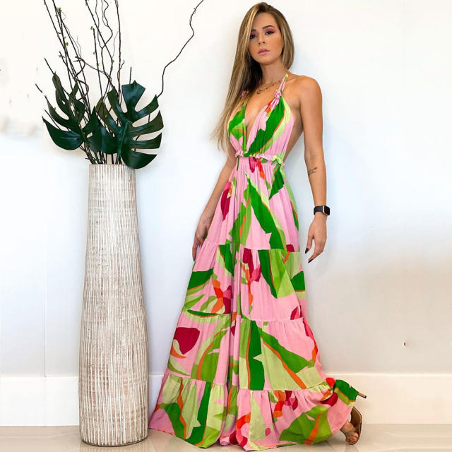Casual Bohemia Dress Women Floral Print Maxi Dresses PQ9013