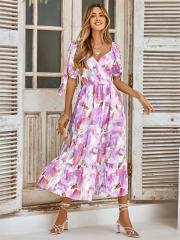 Short Sleeve Casual Dress Women Floral Print Maxi Dresses PQLQ231