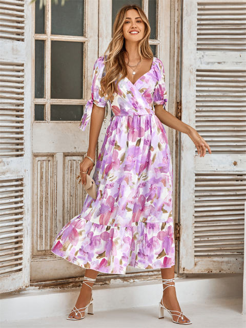 Short Sleeve Casual Dress Women Floral Print Maxi Dresses PQLQ231