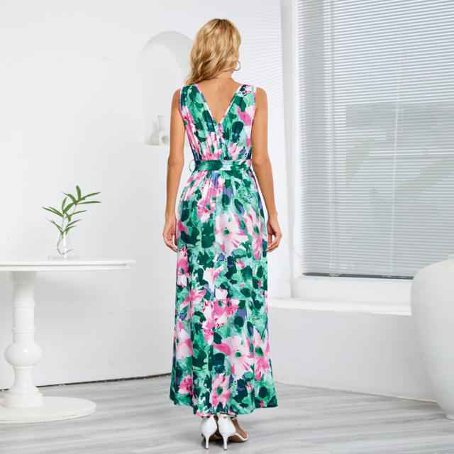 Fashion V-neck Maxi Dresses Women Floral Printed Casual Dress PQLQ488