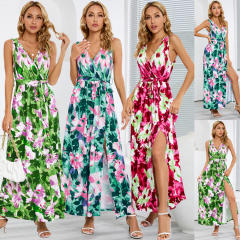 Fashion V-neck Maxi Dresses Women Floral Printed Casual Dress PQLQ488