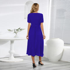 Short Sleeve Pleated Midi Dress Women Casual Summer Dresses PQLQ567