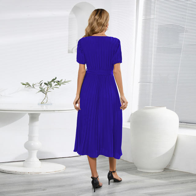 Short Sleeve Pleated Midi Dress Women Casual Summer Dresses PQLQ567