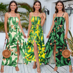 Women Floral Print Casual Dress Fashion Spaghetti Strap Maxi Dresses PQLQ486