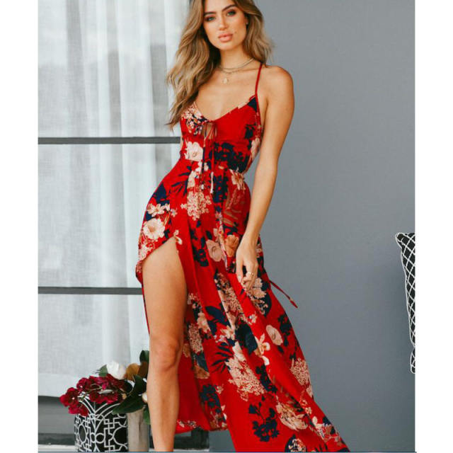 Floral Print Casual Boho Dress Women Spaghetti Strap Maxi Dresses PQ8009