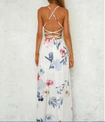 Floral Print Casual Boho Dress Women Spaghetti Strap Maxi Dresses PQ8009