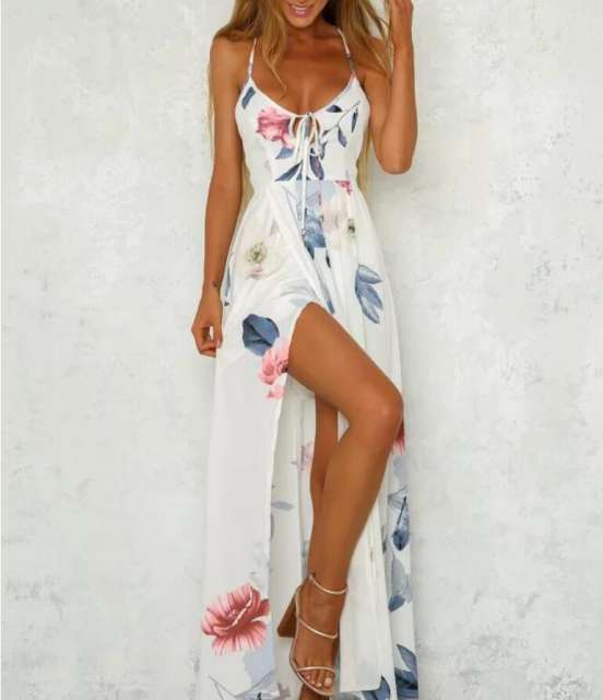 Floral Print Casual Boho Dress Women Spaghetti Strap Maxi Dresses PQ8009